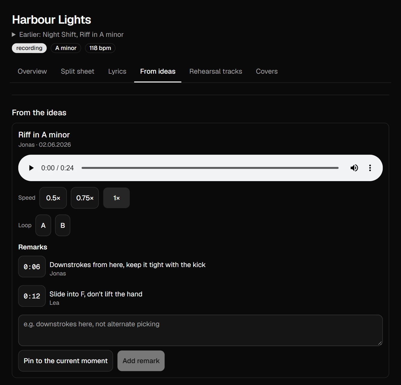 Song card with linked ideas, each showing who and when