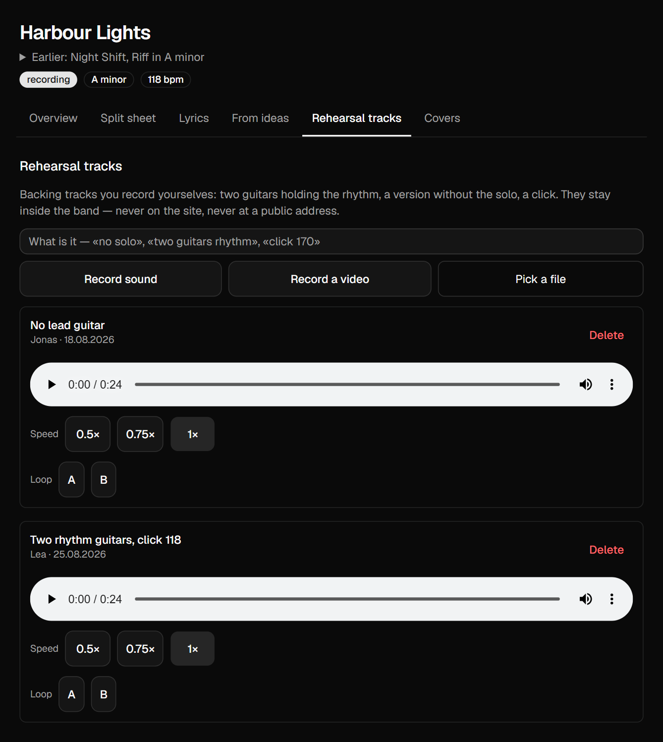 Rehearsal tracks tab on a song